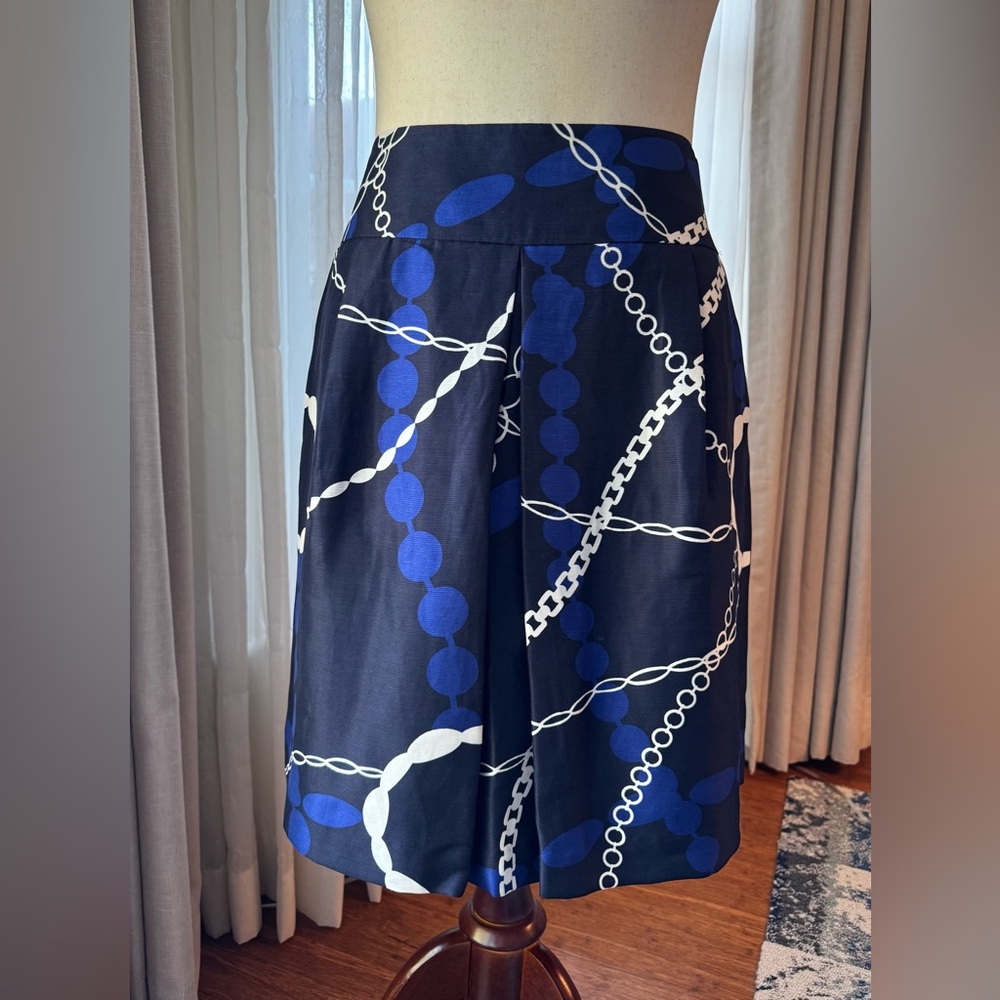 Talbots Navy and White Chain Pattern A-Line Skirt